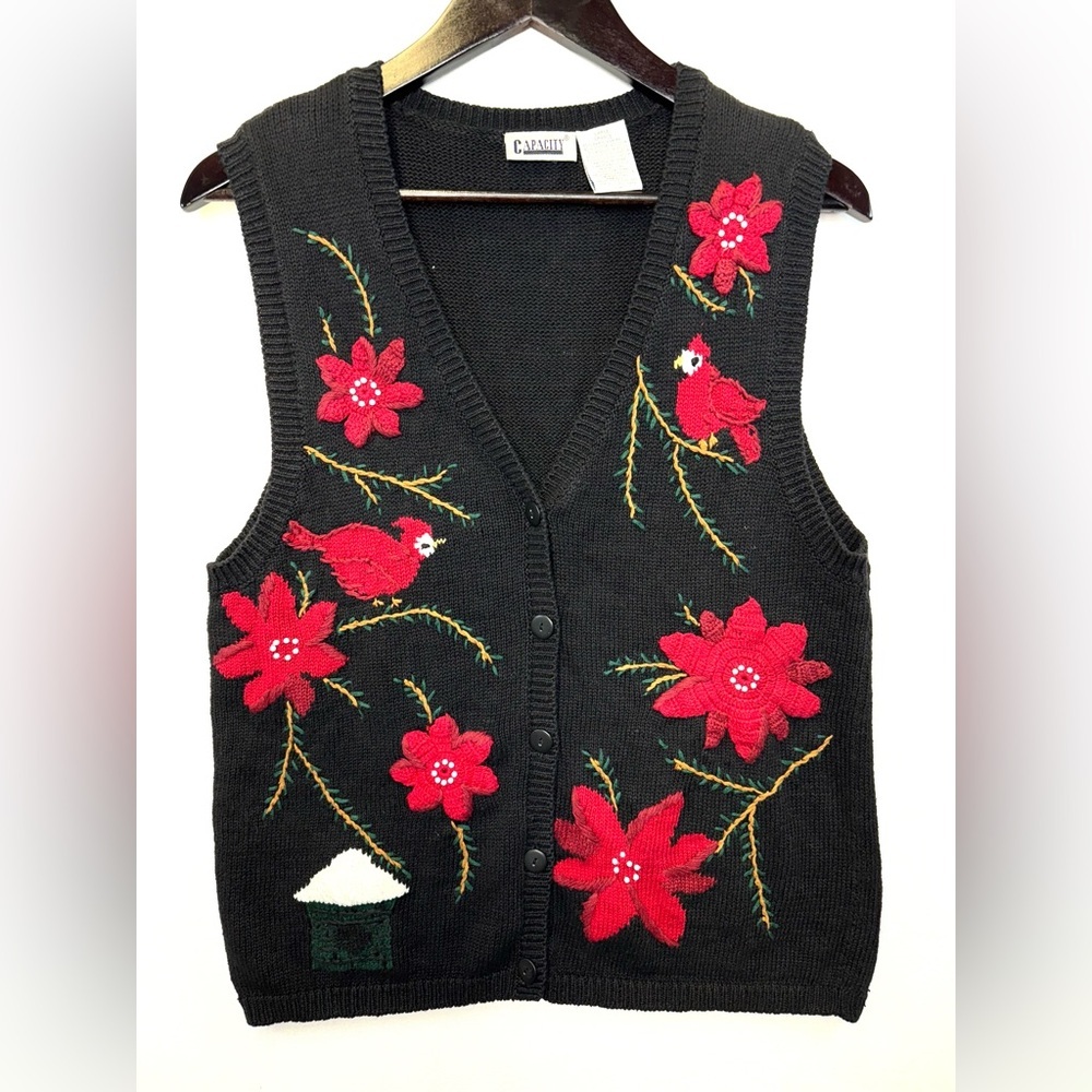 Capacity Vintage 90s Holiday sweater vest Cardinals‎ poinsettia size Large black